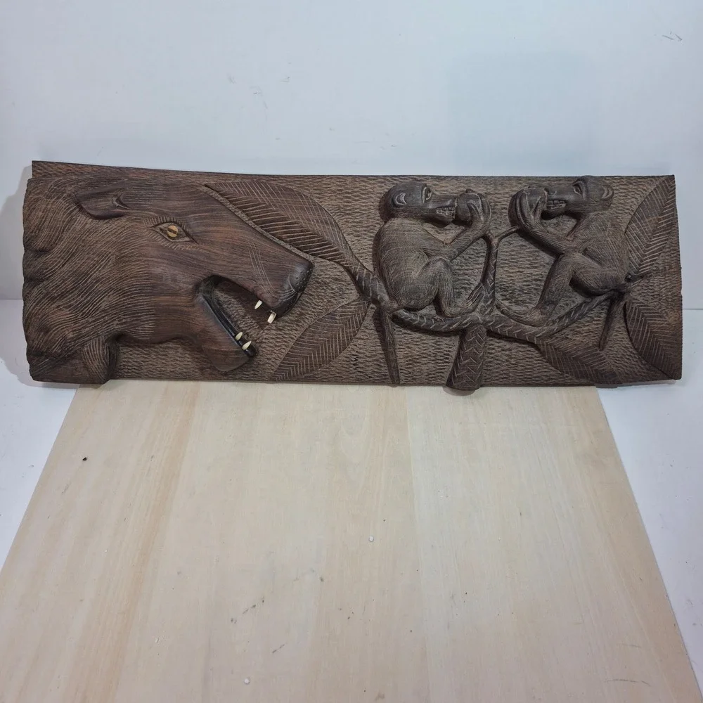 Vintage Hand Carved Wood Jungle Wall Plaque Lion Monkey Relief Sculpture 19.5in